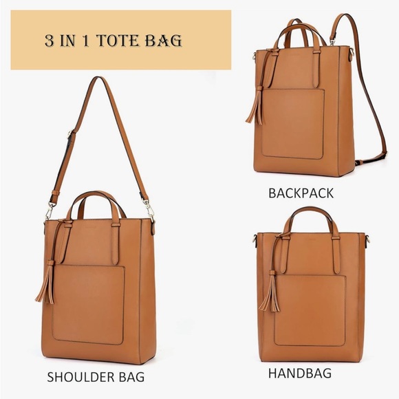 ECOSUSI Tote Bag Convertible Brown Vegan Leather Backpack/Shoulder/Handbag. - Picture 10 of 15